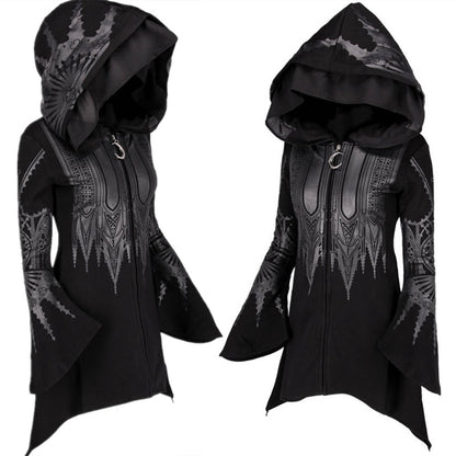 🎃🖤 Halloween Women's Punk Black Long Hooded Printed Sweater 🖤🎃 janaila