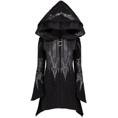 🎃🖤 Halloween Women's Punk Black Long Hooded Printed Sweater 🖤🎃 janaila